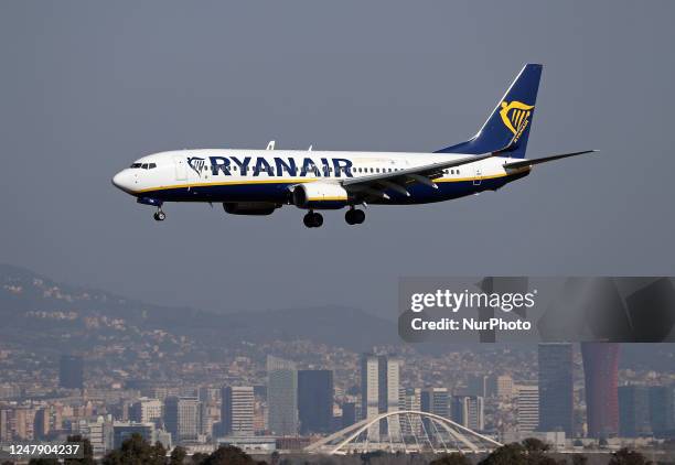 Boeing 737-8AS, from Ryanair company, landing at Barcelona airport, in Barcelona, on 04th March 2023. --