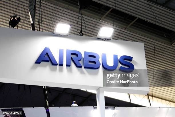 The Airbus logo, the European aerospace aircrafts manufacturer, displayed on the Airbus stand during the Mobile World Congress 2023 on March 2 in...