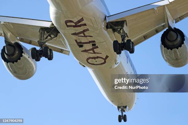 Boeing 787-9 Dreamliner, from Qatar Aieways company, landing at Barcelona airport, in Barcelona on 04th January 2023. --