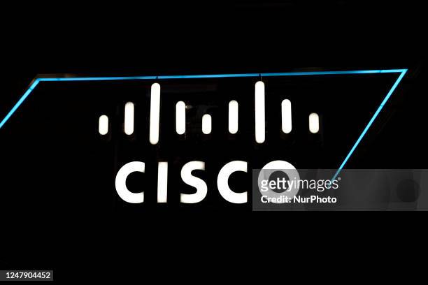 The Cisco Systems Inc. Logo, the American-based multinational digital communications technology conglomerate corporation, displayed on their stand...