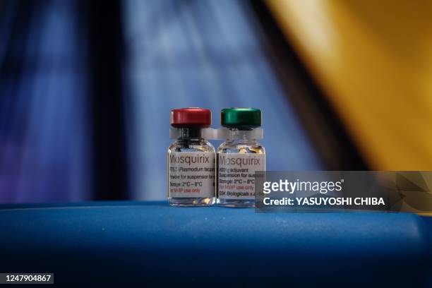 Malaria vaccine containers are seen during the launch of the extension of the worlds first malaria vaccine pilot program for children at risk of...