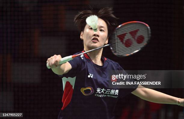 Chen Yu Fei of China plays against Iris Wang of the US during the women's singles first round match of the Badminton German Open in Muelheim, western...