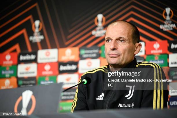 Massimiliano Allegri of Juventus during a press conference ahead of their UEFA Europa League round of 16 leg one match against Sport-Club Freiburg at...