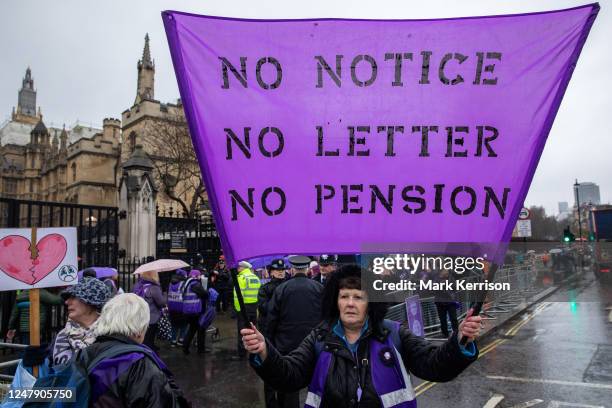 Women from the WASPI campaign assemble outside Parliament during Prime Minister's Questions on International Women's Day on 8 March 2023 in London,...