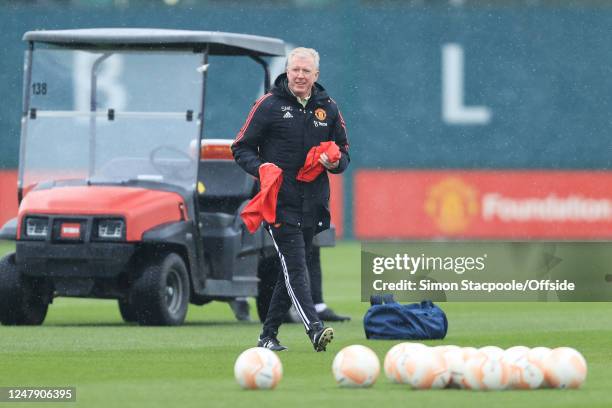 Manchester United assistant Steve McClaren looks on during a training session ahead of their UEFA Europa League round of 16 leg one match against...