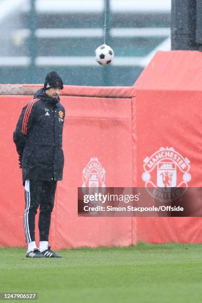 Manchester United manager Erik ten Hag looks on during a training session ahead of their UEFA Europa League round of 16 leg one match against Real...