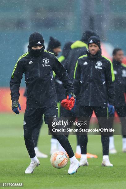 Alejandro Garnacho of Manchester United in action during a training session ahead of their UEFA Europa League round of 16 leg one match against Real...