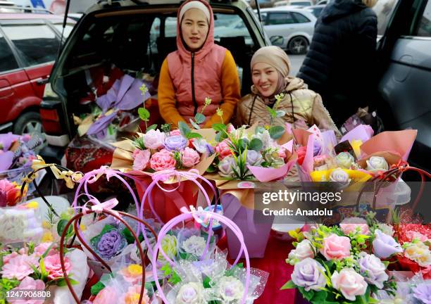 People buy flowers in the center of Bishkek, Kyrgyzstan on March 8, 2023. March 8 is annually celebrated around the world as International Women's...