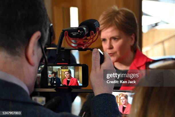 First Minister Nicola Sturgeon is interviewed by the media on her reaction to the first televised hustings event in the SNP leadership contest,...