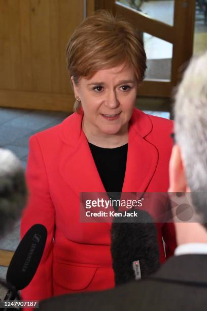 First Minister Nicola Sturgeon is interviewed by the media on her reaction to the first televised hustings event in the SNP leadership contest,...