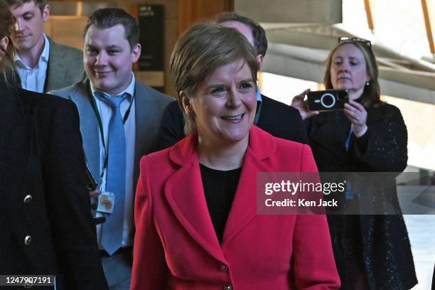 First Minister Nicola Sturgeon is interviewed by the media on her reaction to the first televised hustings event in the SNP leadership contest,...