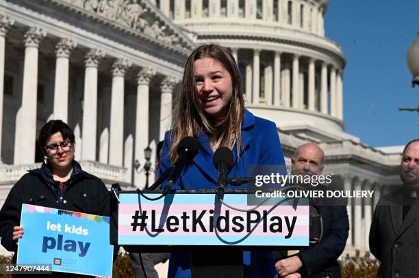 Rebekah Bruesehoff, a transgender student athlete, speaks during a press conference by the Congressional Equality Caucus to discuss anti-LGBTQI+...