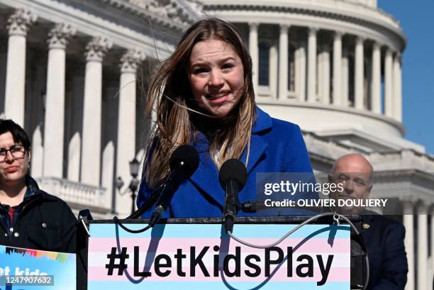 Rebekah Bruesehoff, a transgender student athlete, speaks during a press conference by the Congressional Equality Caucus to discuss anti-LGBTQI+...