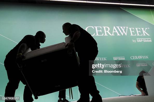 Interpass Ceraweek Workers set up the stage during the 2023 CERAWeek by S&P Global... News ...