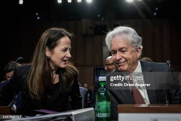 Director of National Intelligence Avril Haines and CIA Director William Burns take their seats as they arrive for a Senate Intelligence Committee...