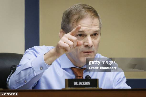 Representative Jim Jordan, a Republican from Ohio, speaks during a House Select Subcommittee on the Coronavirus Pandemic hearing in Washington, DC,...