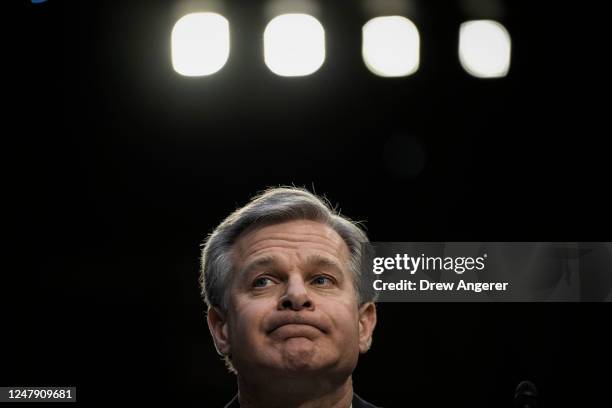 Director Christopher Wray testifies during a Senate Intelligence Committee hearing concerning worldwide threats, on Capitol Hill March 8, 2023 in...