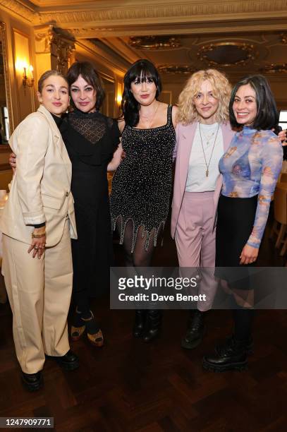 Harriet Rose, Pearl Lowe, Daisy Lowe, Portia Freeman and Pixie Levinson attend Daisy Lowe's baby shower at Hotel Cafe Royal on March 8, 2023 in...