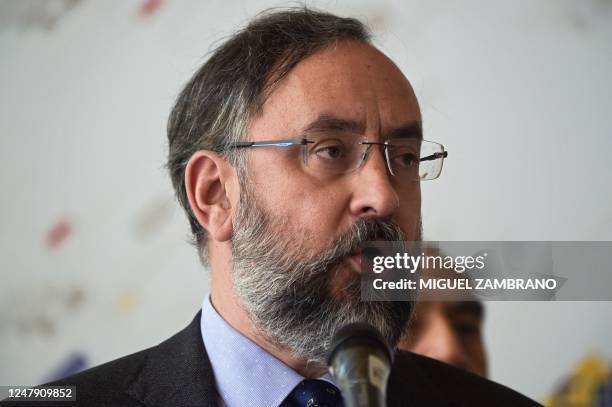 The president of the National Primary Commission, Jesus Maria Casal, speaks during a press conference to announce the installation of the national...