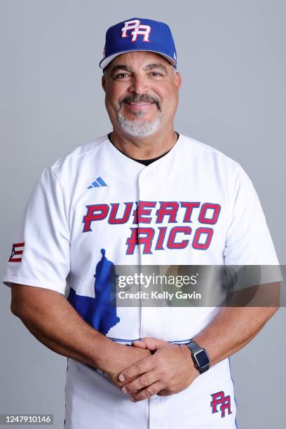 Hitting Coach Victor Rodríguez of Team Puerto Rico poses for a photo during the Team Puerto Rico 2023 World Baseball Classic Headshots at JetBlue...