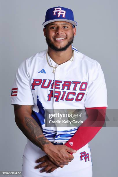 Nelson Velázquez of Team Puerto Rico poses for a photo during the Team Puerto Rico 2023 World Baseball Classic Headshots at JetBlue Park on Tuesday,...