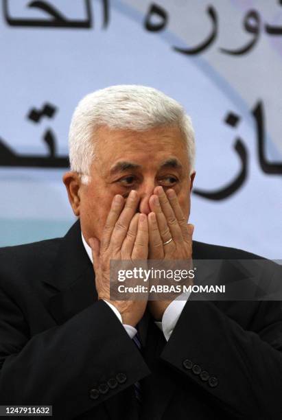 Palestinian president Mahmud Abbas gestures as he delivers a speech in which he said the Palestinians will in September approach the UN Security...