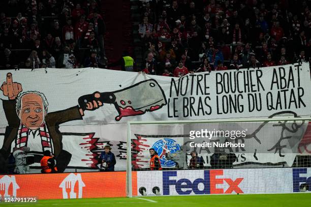 Banner against PSG of Bayern supporters prior the LaLiga Santander match between Real Betis and Real Madrid CF at Estadio Benito Villamarin on March...