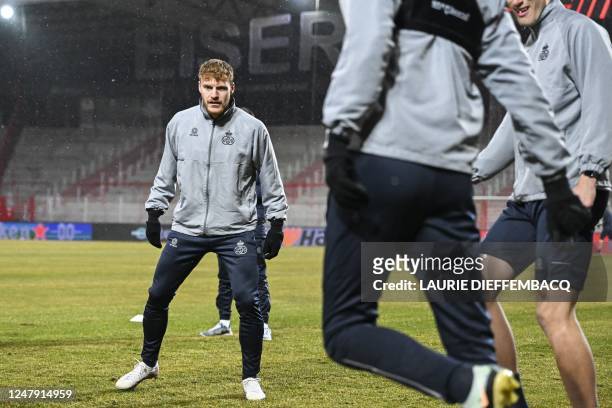 Union's Yorbe Vertessen pictured in action during a training session of Belgian soccer team Royale Union Saint-Gilloise, Wednesday 08 March 2023 in...