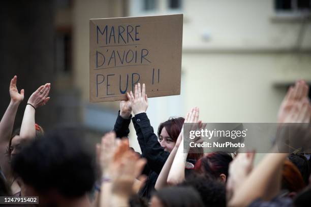 Thousands of women and men are taking to the streets of Toulouse on March 8th 2023 for International Women's Day, holding placards that read ''Fed up...