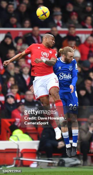 Everton's Tom Davies battles withNottingham Forest's Andre Ayew during the Premier League match between Nottingham Forest and Everton FC at City...