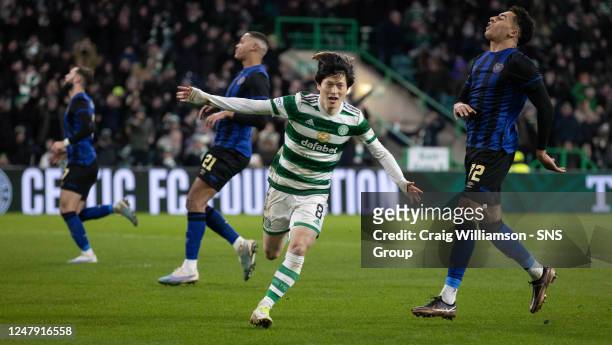 Celtic's Kyogo Furuhashi celebrates after making it 2-1 during a cinch Premiership match between Celtic and Heart of Midlothian at Celtic Park, on...