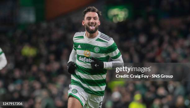 Celtic's Sead Haksabanovic celebrates after making it 3-1 during a cinch Premiership match between Celtic and Heart of Midlothian at Celtic Park, on...