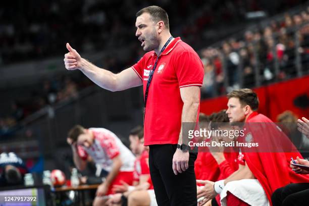 Coach Bartosz Jurecki of Poland gestures during the European Championship Qualification between Poland and France on March 8, 2023 in Gdansk, Poland.