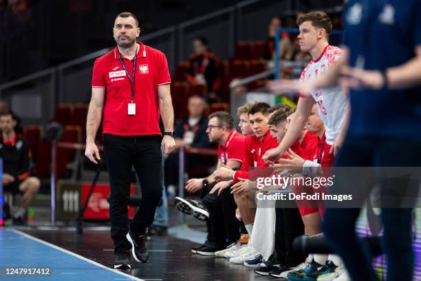 Coach Bartosz Jurecki of Poland gestures during the European Championship Qualification between Poland and France on March 8, 2023 in Gdansk, Poland.