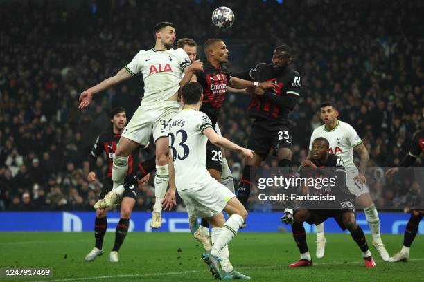 Clement Lenglet of Tottenham Hotspur goes up for a header with Malick Thiaw of AC Milan during the UEFA Champions League round of 16 leg two match...