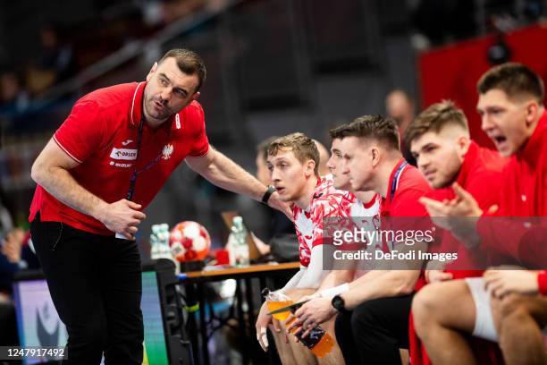 Coach Bartosz Jurecki of Poland gestures during the European Championship Qualification between Poland and France on March 8, 2023 in Gdansk, Poland.
