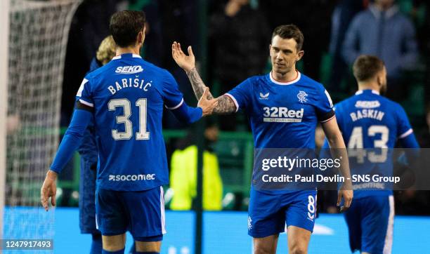 Rangers' Ryan Jack and Borna Barisic at full time during a cinch Premiership match between Hibernian and Rangers at Easter Road, on March 08 in...