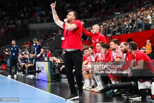 Coach Bartosz Jurecki of Poland gestures during the European Championship Qualification between Poland and France on March 8, 2023 in Gdansk, Poland.