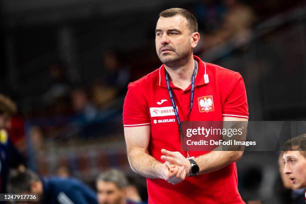 Coach Bartosz Jurecki of Poland gestures during the European Championship Qualification between Poland and France on March 8, 2023 in Gdansk, Poland.