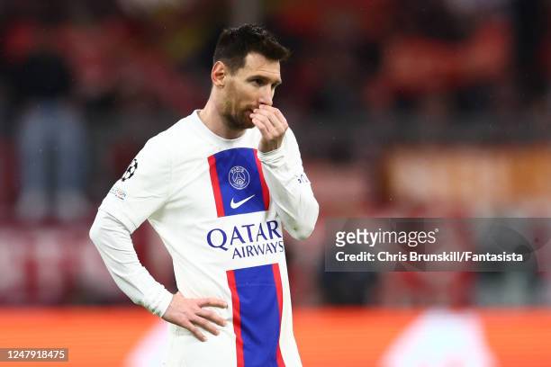 Lionel Messi of Paris Saint-Germain looks dejected during the UEFA Champions League round of 16 leg two match between FC Bayern Munich and Paris...