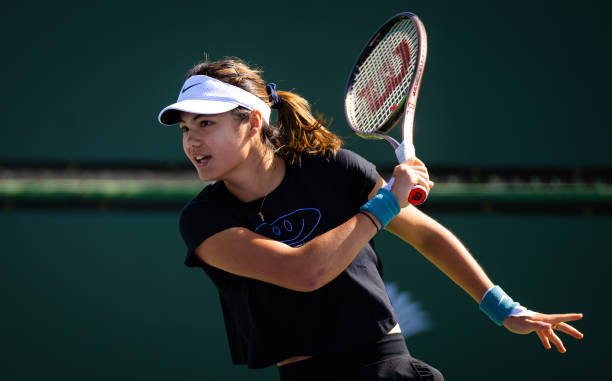 Emma Raducanu of Great Britain during practice on Day 3 of the 2023 BNP Paribas Open at the Indian Wells Tennis Garden on March 08, 2023 in Indian...