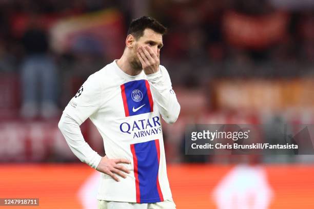 Lionel Messi of Paris Saint-Germain looks dejected during the UEFA Champions League round of 16 leg two match between FC Bayern Munich and Paris...