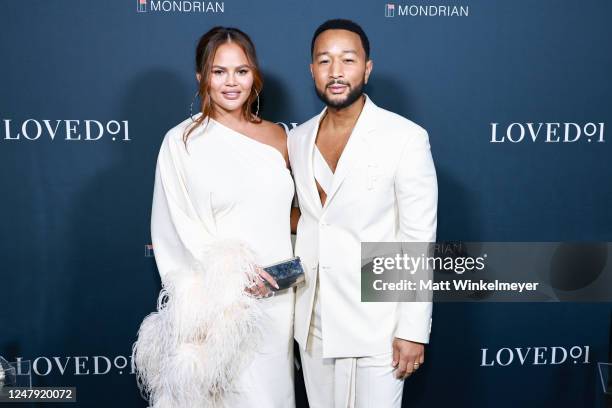 Chrissy Teigen and John Legend attend the LOVED01: Skincare by John Legend launch event at Skybar on March 07, 2023 in West Hollywood, California.
