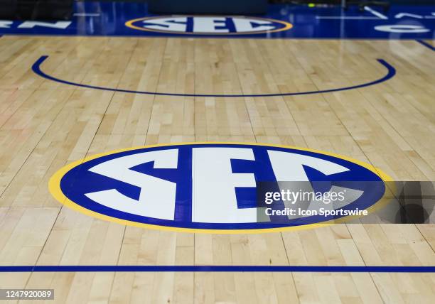 Logo on the floor before an SEC Mens Basketball Tournament game between the Mississippi Rebels and the South Carolina Gamecocks on March 8, 2023 at...
