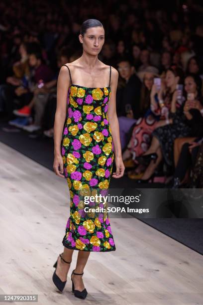 Model showcases designs by Rachel Gilbert during the Melbourne Fashion Festival on International Women's Day at the Royal Exhibition building in...