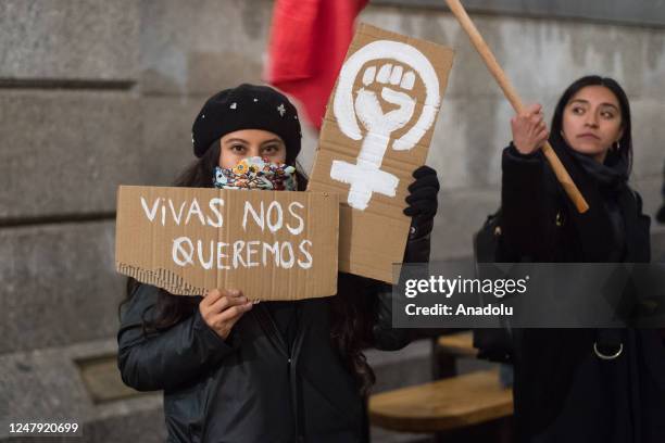 Women holds a placard in Trafalgar Square during an international protest against violence towards women, institutional misogyny in the police,...