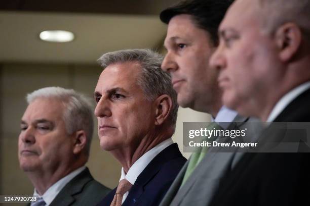 Rep. Tom Emmer , Speaker of the House Kevin McCarthy , Rep. Jodey Arrington and House Majority Leader Steve Scalise attend a news conference after a...