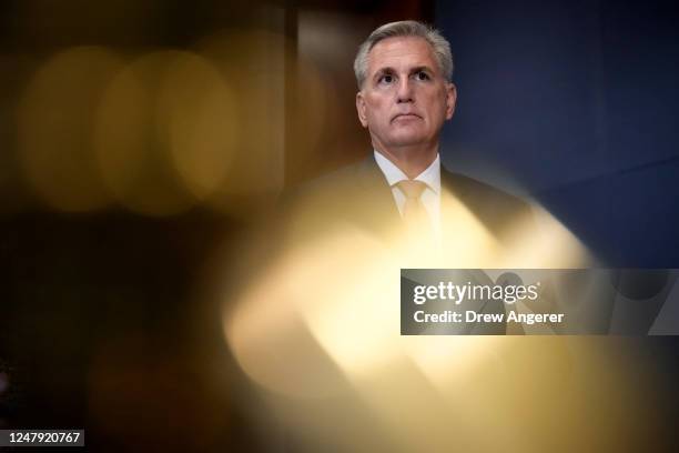 Speaker of the House Kevin McCarthy waits to speak during a news conference after a budget briefing at the U.S. Capitol March 8, 2023 in Washington,...