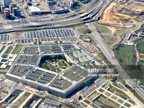 This aerial photograph taken on March 8, 2023 shows The Pentagon, the headquarters of the US Department of Defense, located in Arlington County,...