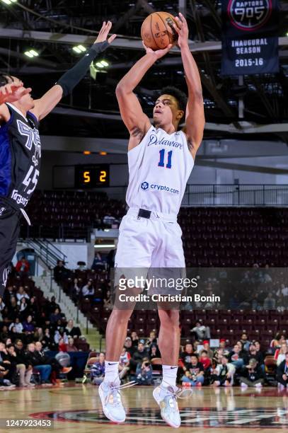 Jaden Springer of the Delaware Blue Coats shoots the ball during an NBA G League game against the Raptors 905 at the Paramount Fine Foods Centre on...